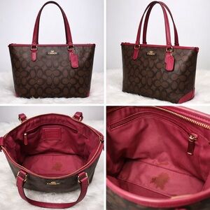 Coach City Zip Tote F58292 Signature Canvas Brown Raspberry Rouge Trim